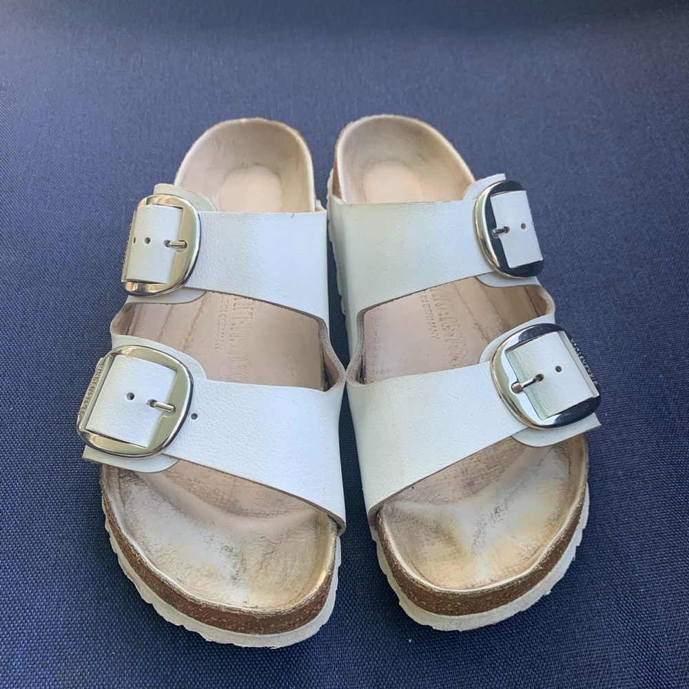 Birkenstock big silver buckle white leather sandals